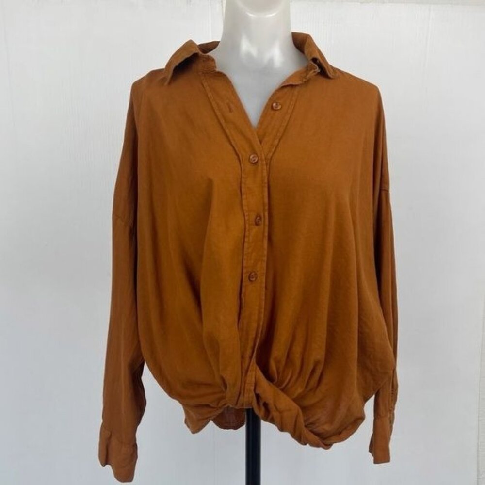 Free People Rust Button-Front Knot Hem Blouse